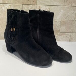 Cole Haan Black Suede Block Heel Ankle Boots Scalloped Lace Detail Size 9B‎